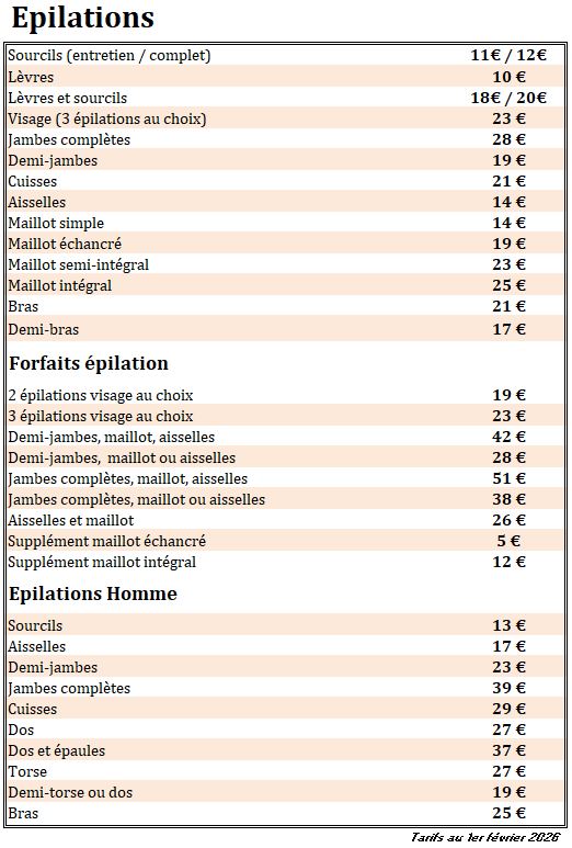 Tarifs épilation Homme/Femme